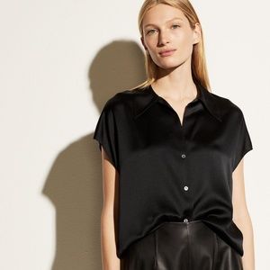 Vince Silk Shaped Collar Cap Sleeve Blouse in Black